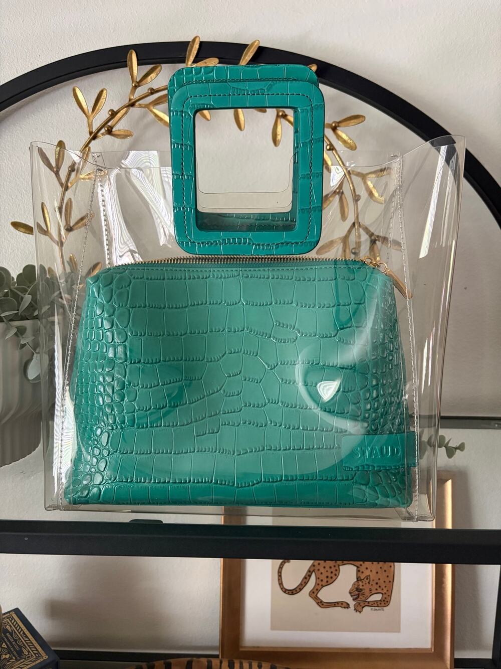 STAUD Shirley Tote Bag Clear PVC Teal Croc Embossed Leather Pouch Dust Bag